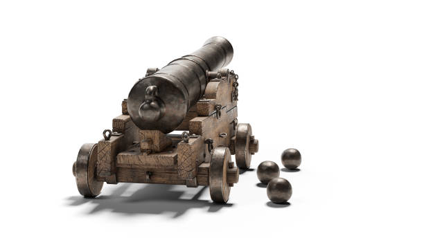 istock Ancient cannon on wheels with cannonballs isolated on white background with clipping path 1443848400