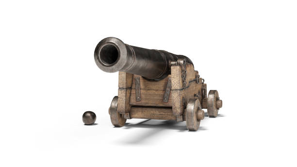 istock Ancient cannon on wheels with cannonballs isolated on white background with clipping path 1443848408