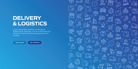 DELIVERY AND LOGISTICS Web Banner with Linear Icons, Trendy Linear Style Vector
