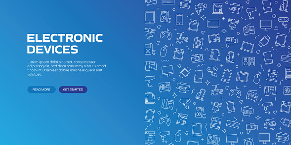 ELECTRONIC DEVICES Web Banner with Linear Icons, Trendy Linear Style Vector