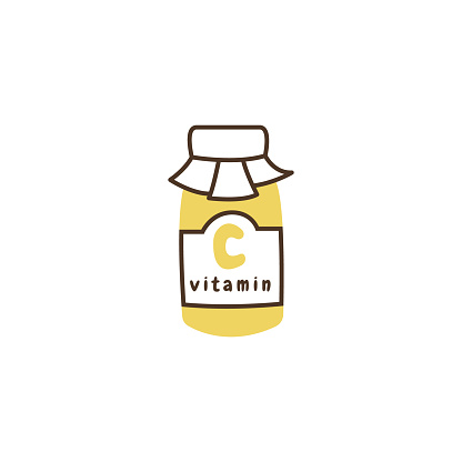A simple minimalist icon of a glass jar with vitamin C. A small bottle of pills. Pharmacy medicine. Support of immunity during epidemics, pandemics, diseases, viruses. Health care for the whole family