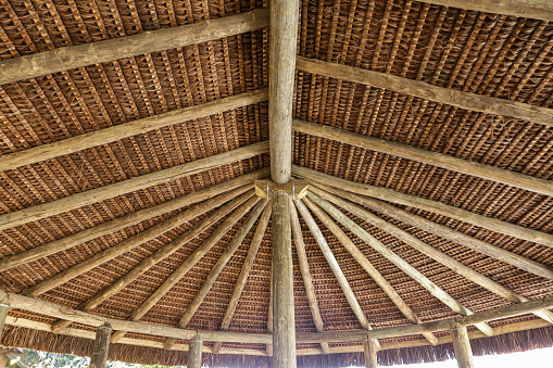 Structure of a roof with piassava, seen from the bottom up, showing its wooden structure and the braiding of straw.