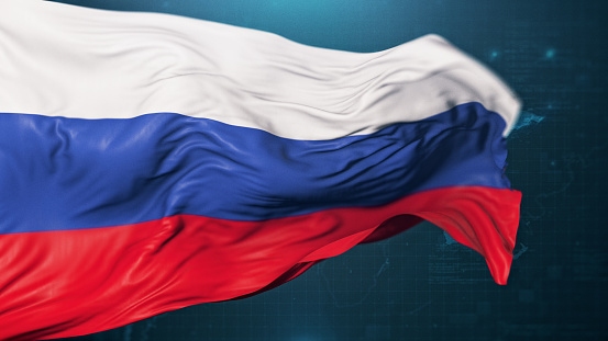 Bandera de la Federación Rusa sobre fondo azul oscuro photo