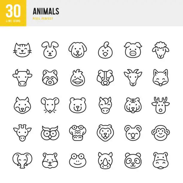 Vector illustration of Animals - thin line vector icon set. 30 icons. Pixel perfect. The set includes a Cat, Dog, Rabbit, Hamster, Goat, Pig, Horse, Cow, Duck, Chicken, Owl, Raccoon, Fox, Wolf, Bear, Deer, Monkey, Giraffe, Lion, Rhinoceros, Elephant, Tiger, Koala, Panda, Frog,