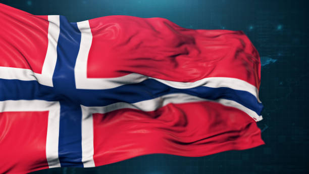 bandiera della norvegia su sfondo blu scuro - norwegian flag norway flag freedom foto e immagini stock