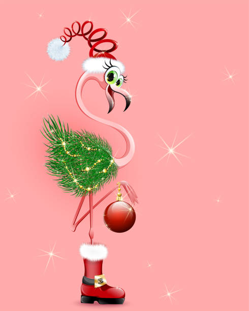 ilustrações, clipart, desenhos animados e ícones de flamingo engraçado papai noel - christmas tree bead humor