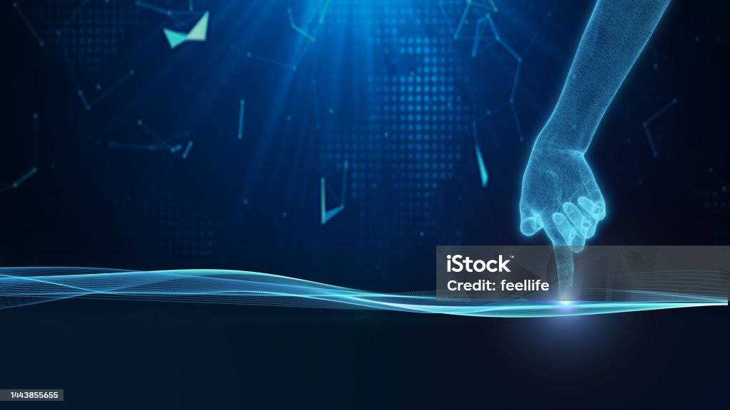 Virtual Background. Hand Aireal Human Hand And Virtual Hand Touching Technology Stock Photo ...