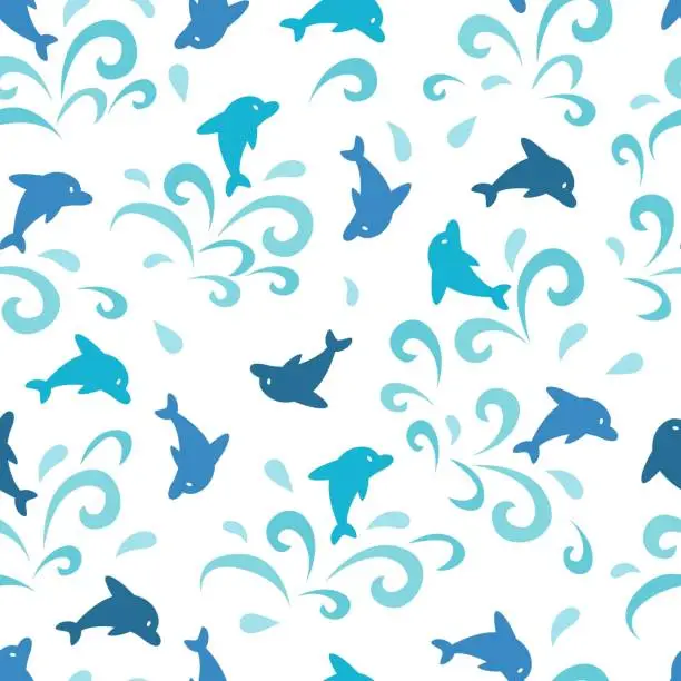 Vector illustration of Jumping Playful Dolphin Fish Abstract Vector Seamless Pattern