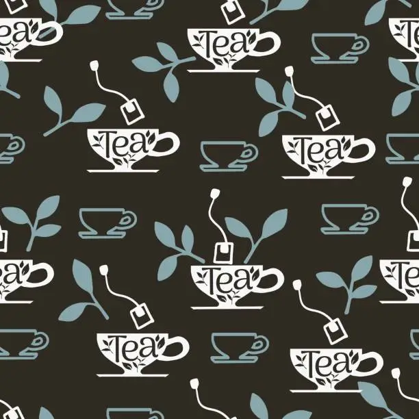 Vector illustration of Fresh Organic Hot Tea Drink Cup and Tea Bag Vector Seamless Pattern
