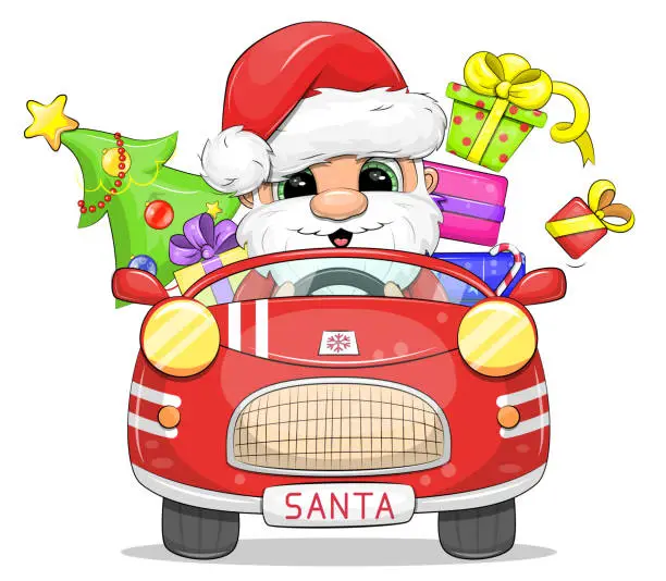 Vector illustration of Cute cartoon red car with tiger, gifts and Christmas tree.