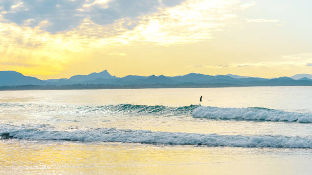 people doing surf in Byron bay, Australia at sunset stock photo