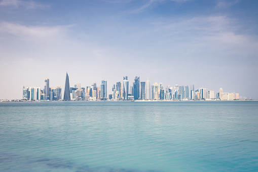 View of Doha city skyline, Qatar, on a bright sunny day.
