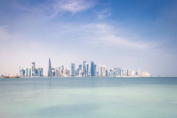 View of the Corniche Promenade skyline, Doha, Qatar, on a clear blue day.