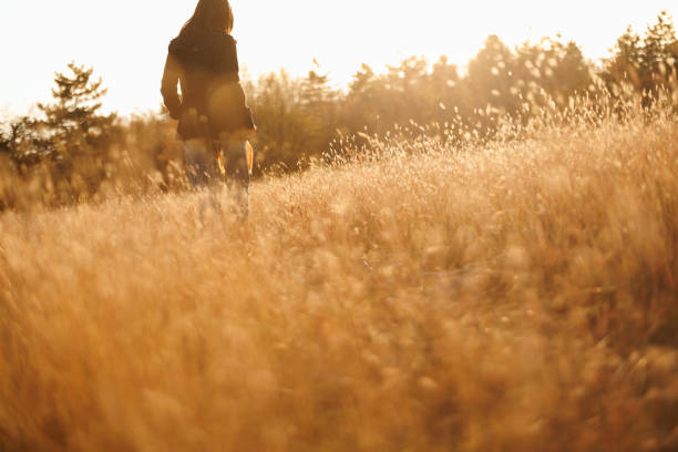 Beautiful young woman enjoying relaxing walk in autumn meadow at sunset