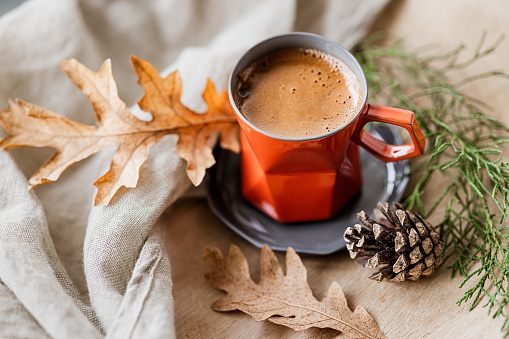 Istanbul, Turkey-November 17, 2022: A cup of Turkish coffee designed in coral-colored origami shape, surrounded by autumn leaves and cone . Shot with Canon EOS R5.