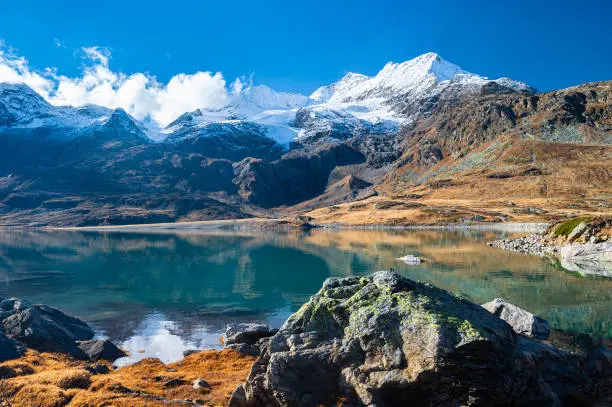 Beautiful blue-green colored lake "Lago Bianco" in rocky landscape near the Bernina Pass in the Swiss Alps.