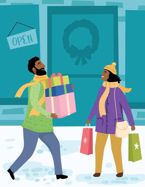 Man And Woman Christmas Shopping Scene In Front Of A Store A cute scene with two people in front of a store carrying gifts. high street shops stock illustrations