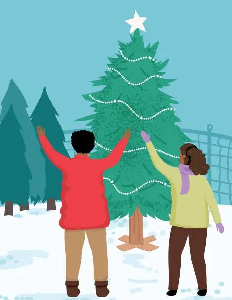 Vector illustration of People Shopping For A Christmas Tree At A Tree Lot Or Farm