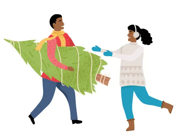 Vector illustration of People Shopping For A Christmas Tree On A Transparent Background