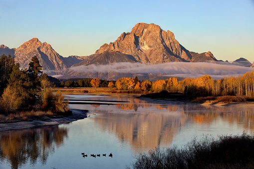Autumn morning's golden glow in Grand Teton National Park at Snake River on Oxbow Bend in Wyoming, United States