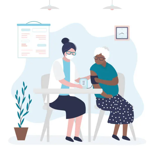 Vector illustration of Nurse measures the blood pressure of elderly african american woman. Female doctor uses tonometer to measure the pressure of old patient. Health care, treatment, cardiology.