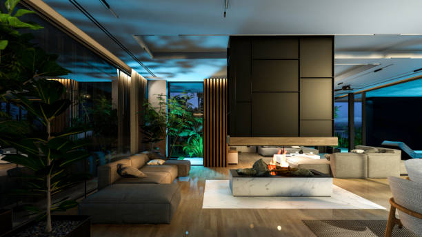 istock 3d rendering of modern cozy interior with living, dining zone, stair and kitchen in night 1443878357