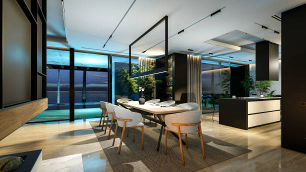 istock 3d rendering of modern cozy interior with living, dining zone, stair and kitchen in night 1443878468
