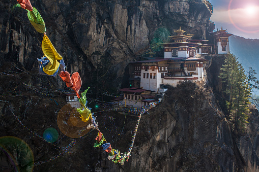 The old Bhutanese temples are in the beautiful valley among Himalaya Mountain. This is wonderful tourist attraction. The view like a dream.