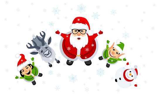 Let it snow. Santa Claus Elf and Reindeer. Christmas characters.