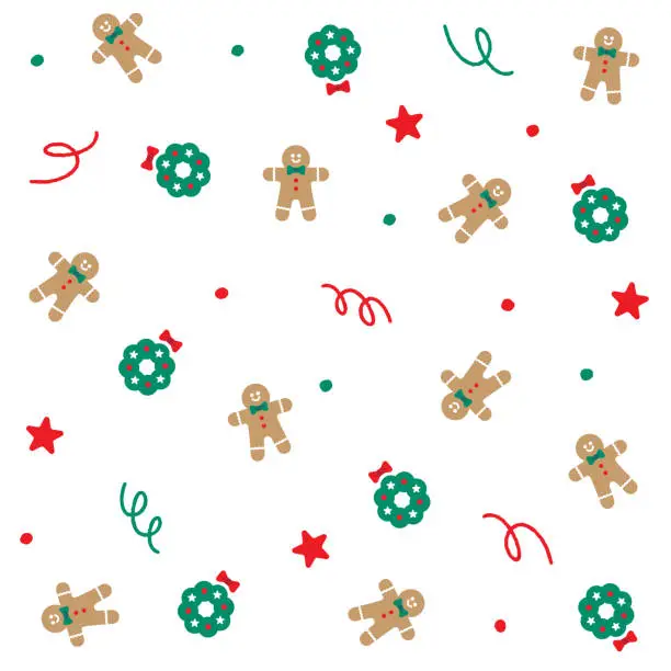 Vector illustration of Cute Merry Christmas Wreath Gingerbread Man Star Confetti Element Ditsy Sprinkle Shine Small Polkadot Spring Line Abstract Colorful Pastel Red Green Seamless Pattern Background for Christmas Party