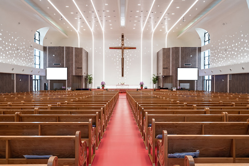 Front view of the interior of the church