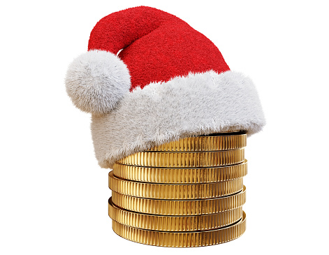 Santa Claus Hat with Coins Stack. New year, holiday and shopping concept. 3D Illustration with Clipping Path