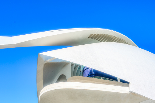 Valencia, Spain - July 17, 2022: Modern architecture in the City of Arts and Sciences. The famous place and tourist attraction was designed by Santiago Calatrava.