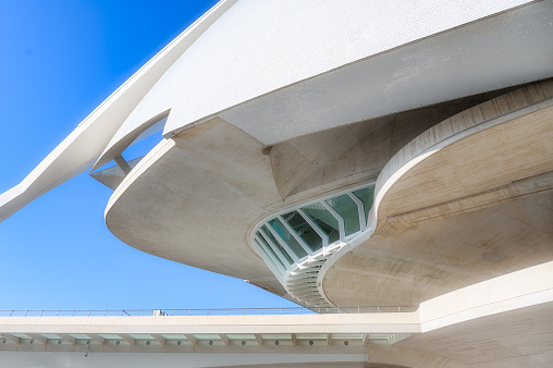 Valencia, Spain - July 17, 2022: Modern architecture in the City of Arts and Sciences. The famous place and tourist attraction was designed by Santiago Calatrava.