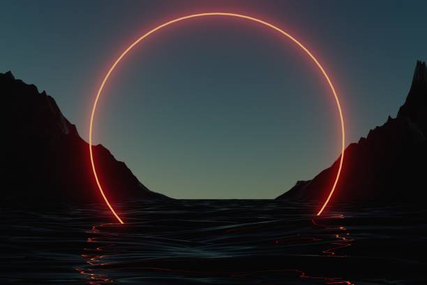 istock Landscape with red neon circle, rocks and water. 1443893078