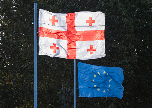 Flags of Georgia and the European Union fly in the wind, with blurred tree foliage in the background.