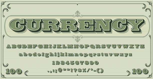 Money font, vintage type, dollar typeface alphabet Money font, vintage type or typeface alphabet typography, vector currency cash letters. Dollar alphabet or currency retro typeface with guilloche pattern, banknote typeset with certificate old letters dollar sign stock illustrations