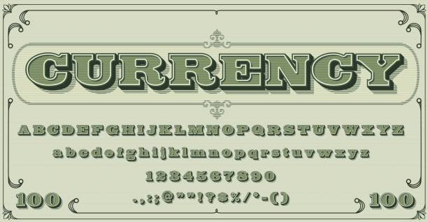Money font, vintage type, dollar typeface alphabet Money font, vintage type or typeface alphabet typography, vector currency cash letters. Dollar alphabet or currency retro typeface with guilloche pattern, banknote typeset with certificate old letters money stock illustrations