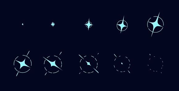 Animated shine effect. animation of blast FX game sprite. Star flash radiance motion sprite or stage, light glare ray movement vector loop or frame. Explosion twinkle beam animation sequence