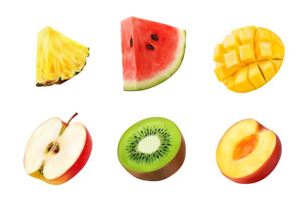 ilustraciones, imágenes clip art, dibujos animados e iconos de stock de manzana, mango, sandía, piña, kiwi, melocotón - frutas tropicales