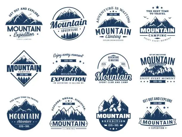 Vector illustration of Mountain climbing, camping and expedition icons