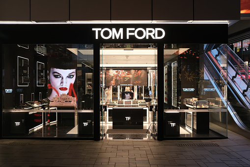 Beijing,China-September 14th 2022: facade of TOM FORD beauty retail store at night. Luxury brand