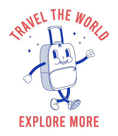 Cartoon walking suitcase character. Smiled mascot character - travel case. Design for t-shirt print, posters and vintage banners travel theme with slogan. Vector.