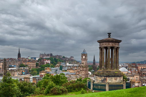 Royal Scots Greys Monument with Edinburgh Castle in the background from Princes Street
