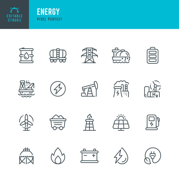 energia - wektorowy zestaw ikon liniowych. piksel idealny. edytowalny obrys. zestaw zawiera energię słoneczną, sieć elektryczną, gaz, tankowiec, węgiel, ropę naftową, zbiornik lng, turbinę wiatrową, fracht kolejowy, elektrownię jądrową, wodór - oil rig drilling rig mining oil stock illustrations