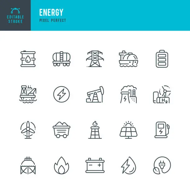 Vector illustration of Energy - vector set of linear icons. Pixel perfect. Editable stroke. The set includes a Solar Energy, Electrical Grid, Gas, Tanker Ship, Coal, Crude Oil, LNG Storage Tank, Wind Turbine, Rail Freight, Nuclear Power Station, Hydrogen, Hydroelectric Power.