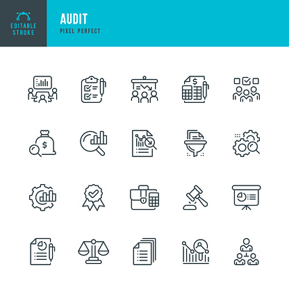 Audit - vector set of linear icons. 20 icons. Pixel perfect. Editable outline stroke. The set includes a Audit, Accountancy, Analysis, Report, Financial Report, Expertise, Recession, Bankruptcy, Diagram, Budget Analysis.