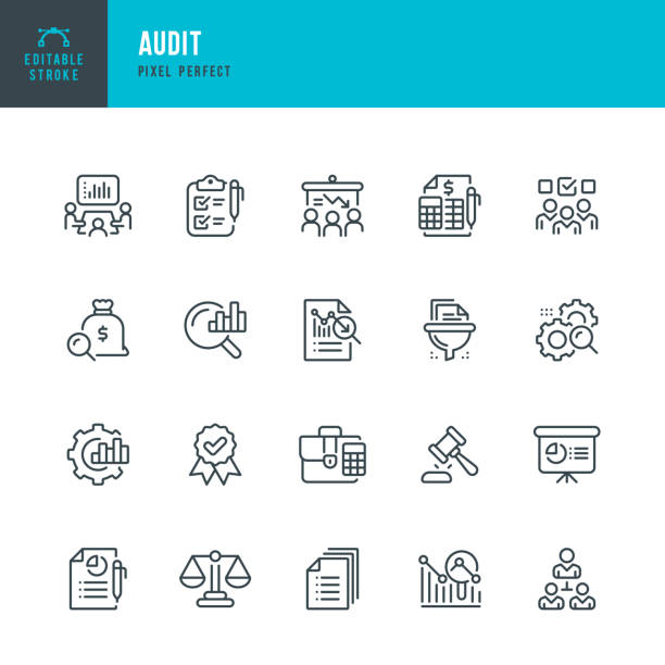 Audit - vector set of linear icons. Pixel perfect. Editable stroke. The set includes a Audit, Accountancy, Analysis, Report, Financial Report, Expertise, Recession, Bankruptcy, Diagram, Budget Analysis. Audit - vector set of linear icons. 20 icons. Pixel perfect. Editable outline stroke. The set includes a Audit, Accountancy, Analysis, Report, Financial Report, Expertise, Recession, Bankruptcy, Diagram, Budget Analysis. scrutiny icon stock illustrations