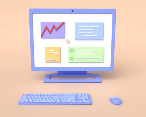 istock 3d computer, illustration of a workplace. Topic of business and finance analytics. 3d rendering 1443900264