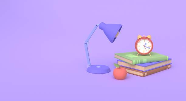 istock 3D table lamp, pile of books, clock, apple. Web banner with place for text. 3D rendering 1443900302